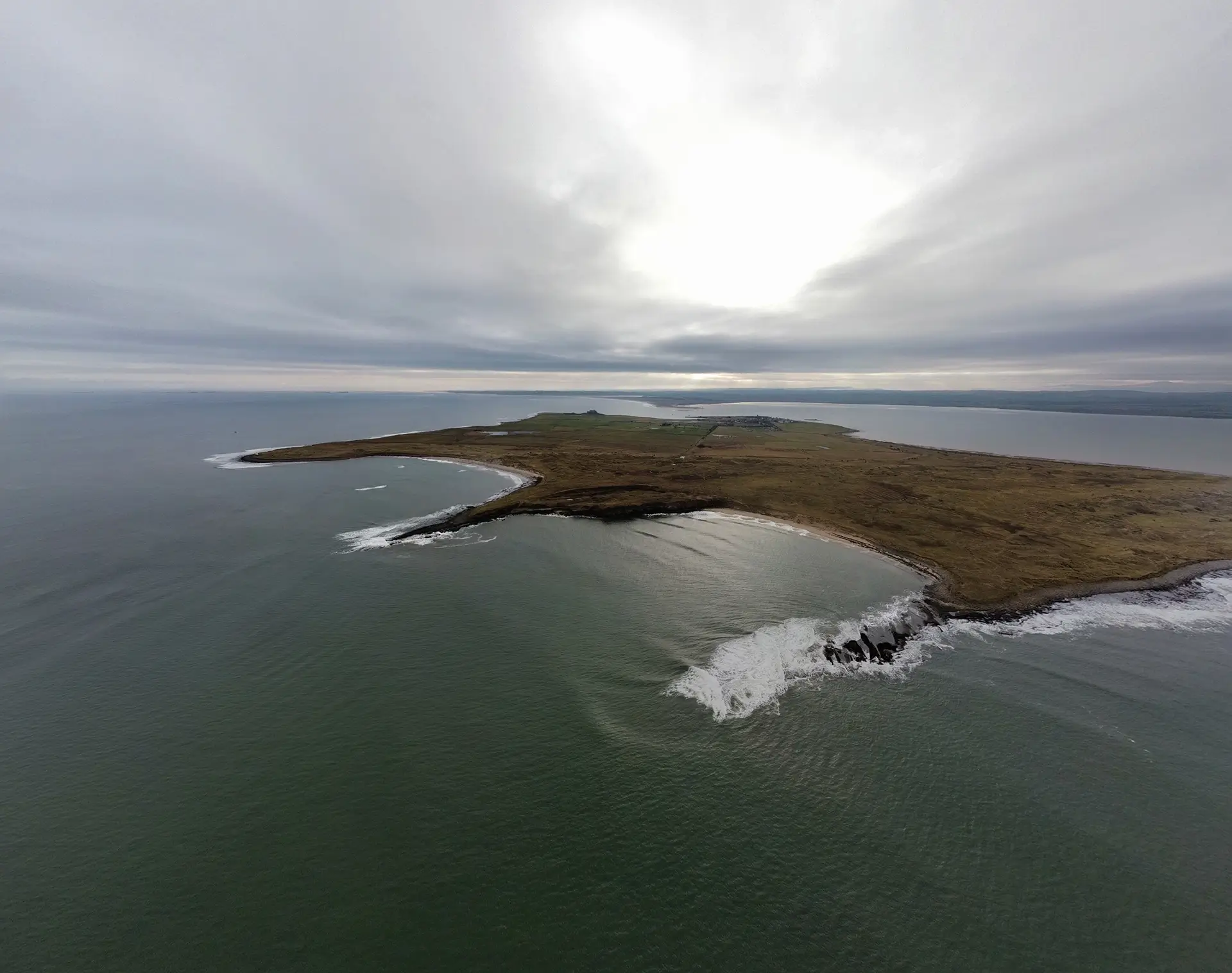 Drone shot of Northumbrian island.